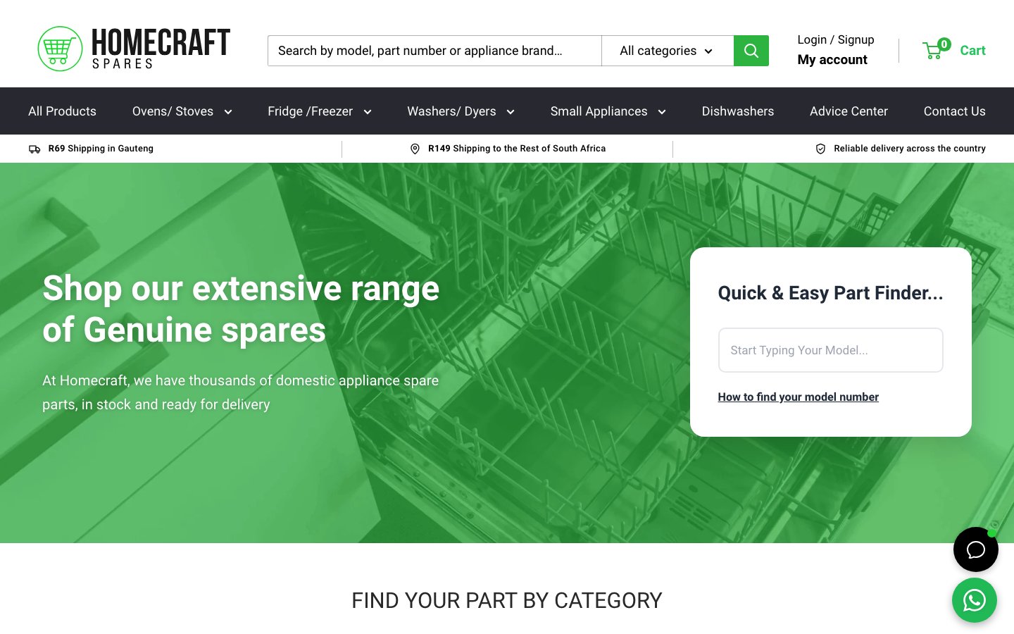 Homecraft Spares website homepage